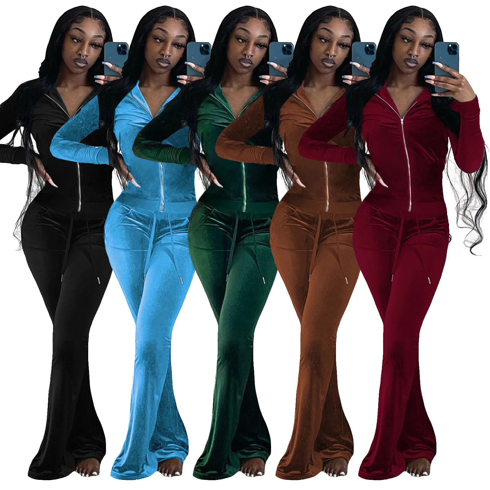 

Women's Two Pieces Long Sleeved Velvet Sets Long Zipper Sports And Leisure Suit