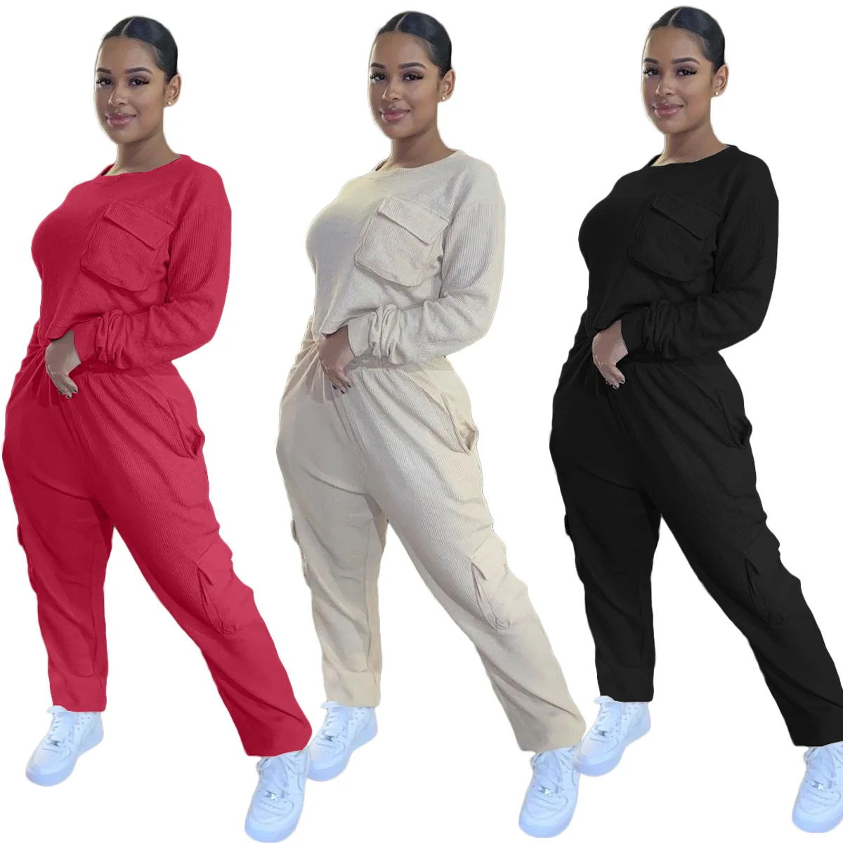 

2021 New Arrivals Fashion Women Casual O-Neck Long Sleeve Crop Side Pockets Pants 2 Pieces Set Outfits Tracksuit, Picture show