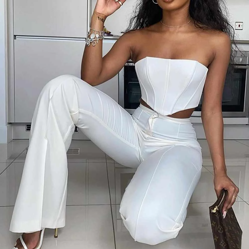 

New Product Tube Top Wide-leg Pants Two-piece Solid Color Crop Top With Fish Bone Fashion Wholesale Sexy Casual Suit, Picture color