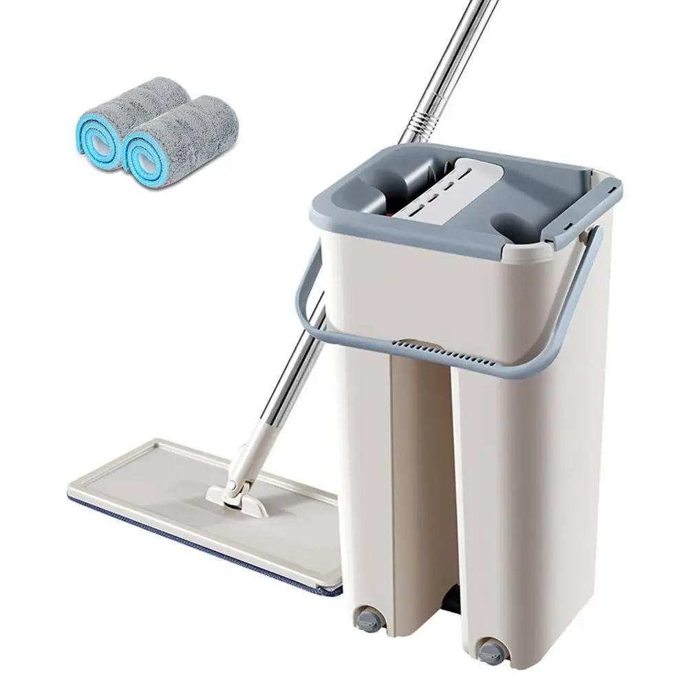 

One Stop Dropshipping Hot Sale Self-washed Squeeze Mop Free Wash Flat Mop Magic Mop with Bucket, Grey