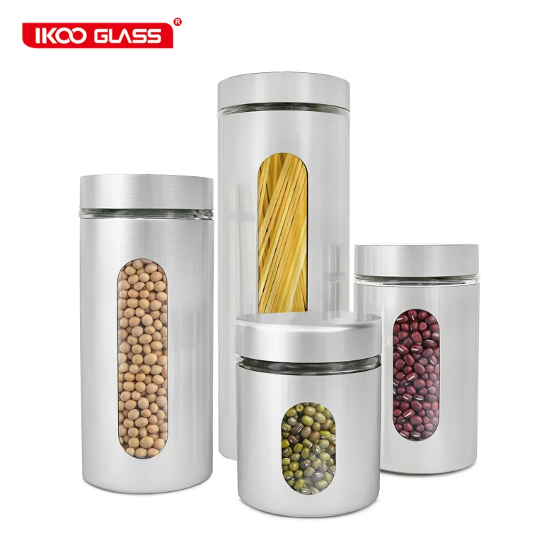 

4 Piece silver Brushed Stainless Steel and Glass Canisters jars with Window