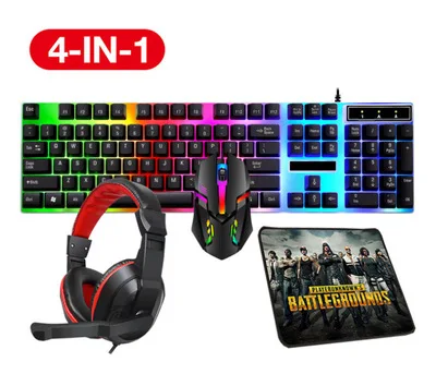 

4 In 1 Rgb Wired Computer Teclado E Mouse Gaming Keyboard And Mouse Headset Combo With Mouse Pad, Black