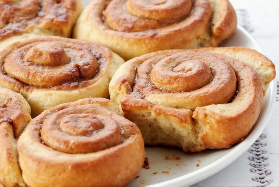Homemade sticky cinnamon buns being inverted from baking pan showing caramelized topping