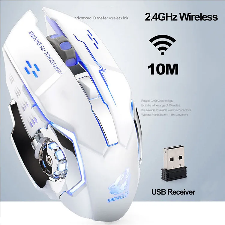 
Free Wolf X8 Gaming Wireless Mouse Mute Luminous Mechanical Rechargeable Mouse 