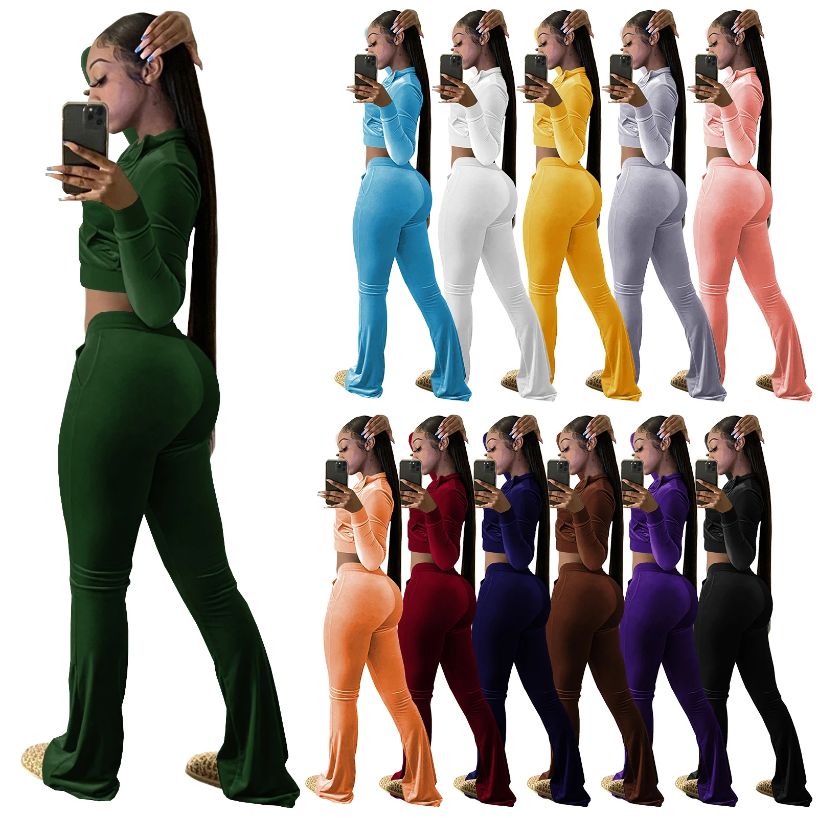 

Velour Tracksuit Comftable Soft Heavyweight 2 Piece Joggers Set Women Wide Pants Flare Crop Top and Jogging Pants Two Piece Set