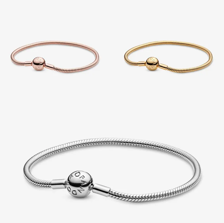 

S925 Sterling Silver Smooth Moments Snake Chain Bracelet Round Clip Charm Fit Pando For Children Women, Silver / rose gold / gold