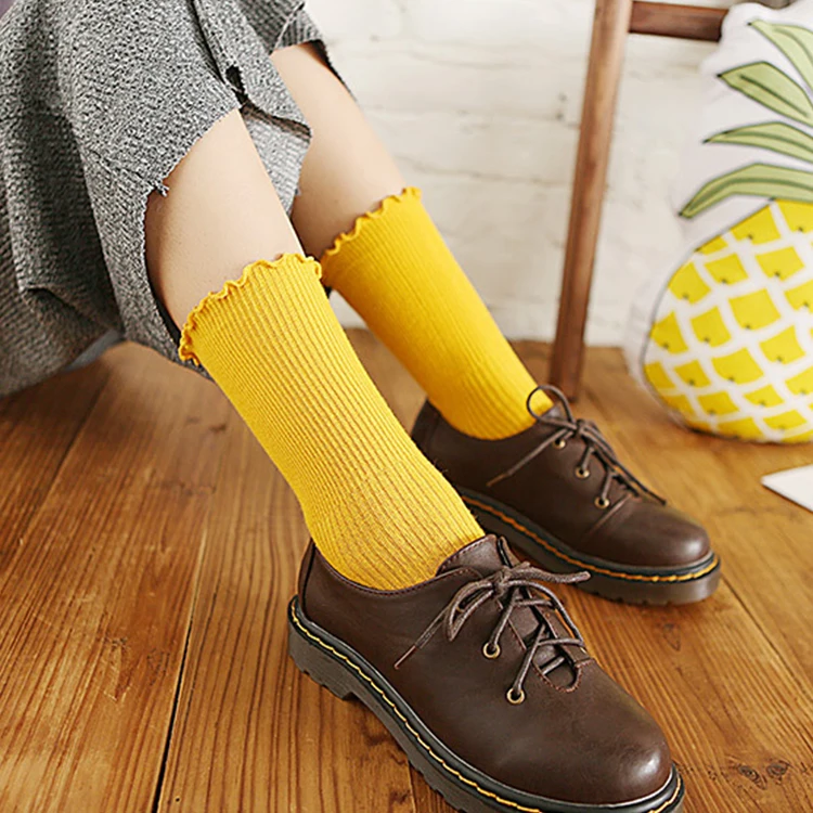 

Female Pure Color Japanese Ruffle Socks Yellow Pink Cotton Slouch Socks Women, Picture