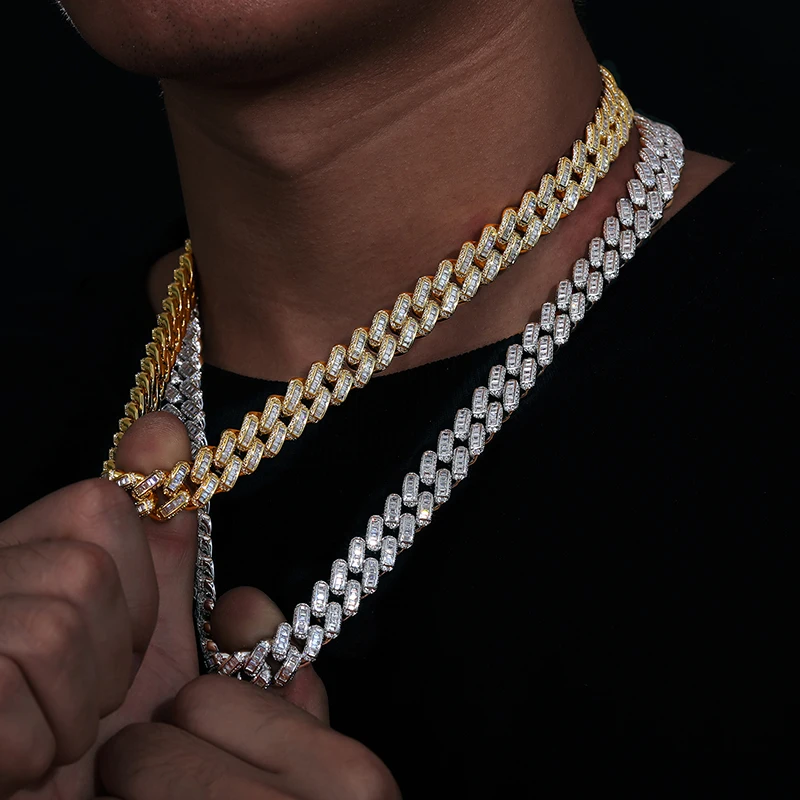

Hot Sale Rapper's Hip Hop Jewelry 12mm 925 Sterling Silver VVS Baguette Moissanite Diamond Iced Out Cuban Link Chain Necklace
