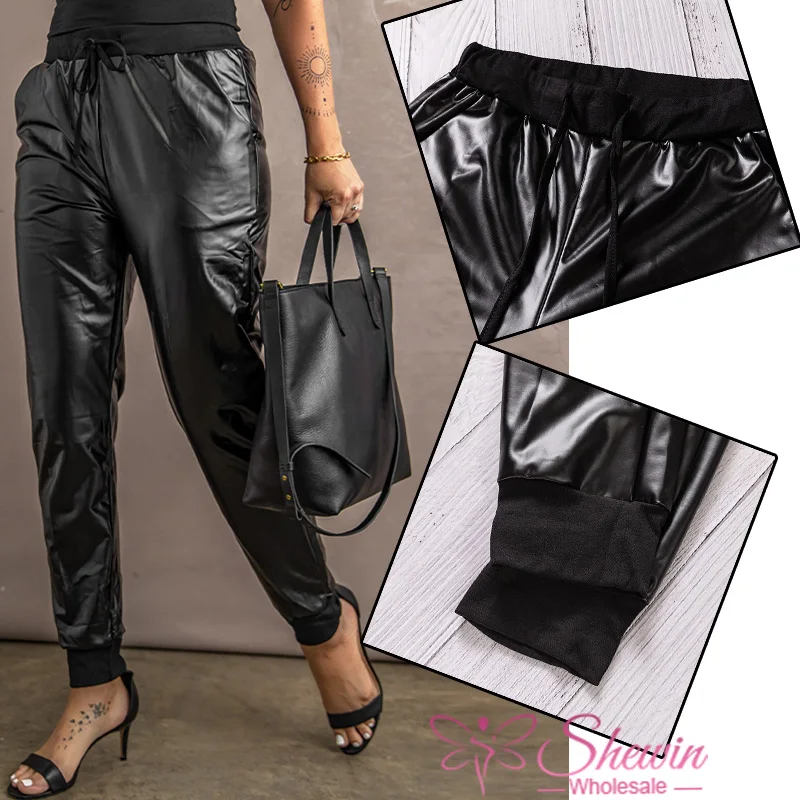 

Fashion Collection Clothes Faux Leather Womens Long Trousers Ladies Black PU Leather Pants Shorts