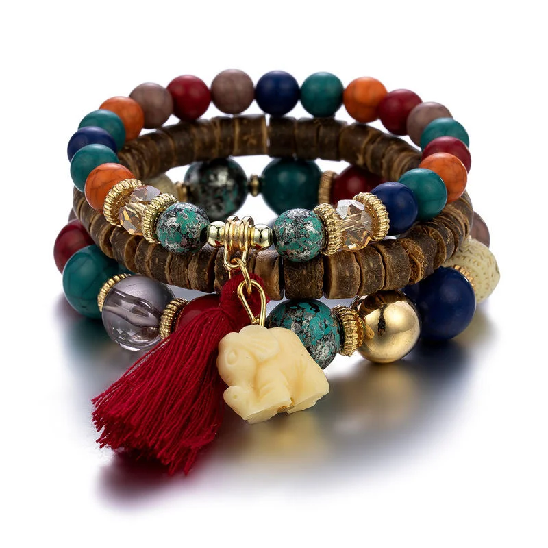 

Bohemian Style Simple Elephant Tassels Wood Glass Acrylic Beads Multilayer Bracelet Jewelry For Women Beaded Bracelets