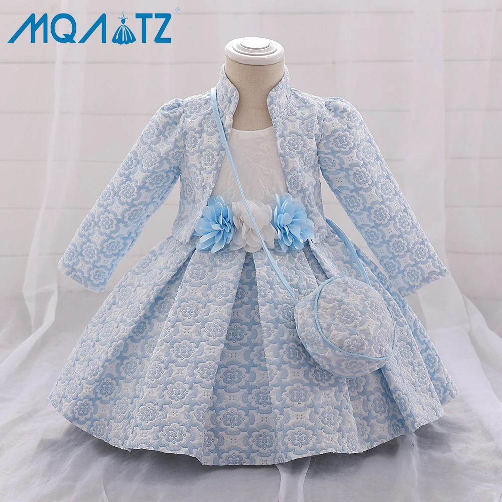 

MQATZ hot sale autumn and winter babies bubble clothes flower Appliqued 3 pcs set long sleeve toddler dress with bag