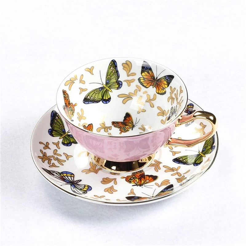 

2020 Luxury Porcelain Tea Cups and Saucer Sets Butterfly Design Drinking Mugs with Logo, Orange/blue/green/pink/yellow