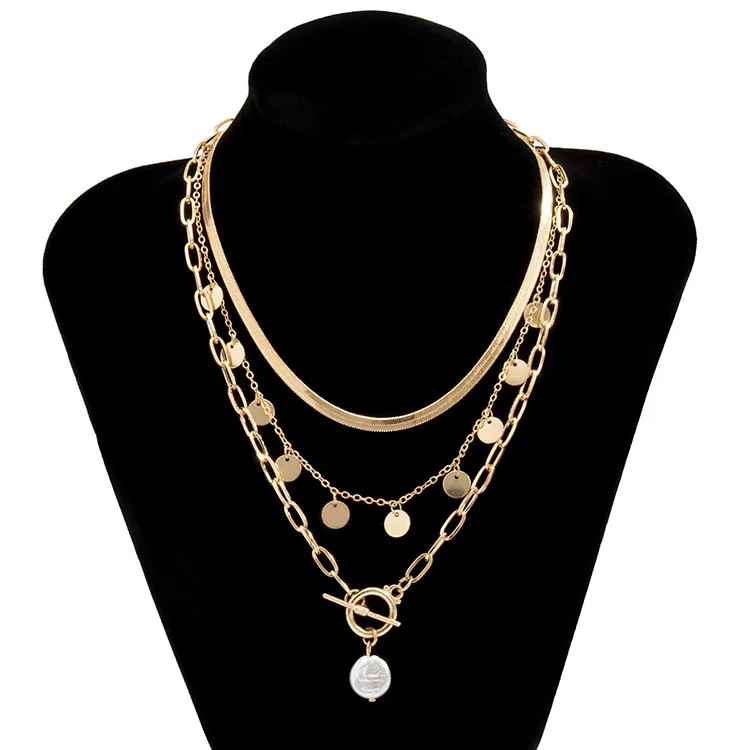 

Woying Simple Retro Geometric Clavicle Chain Ladies Disc Pearl Pendant Necklace, As picture