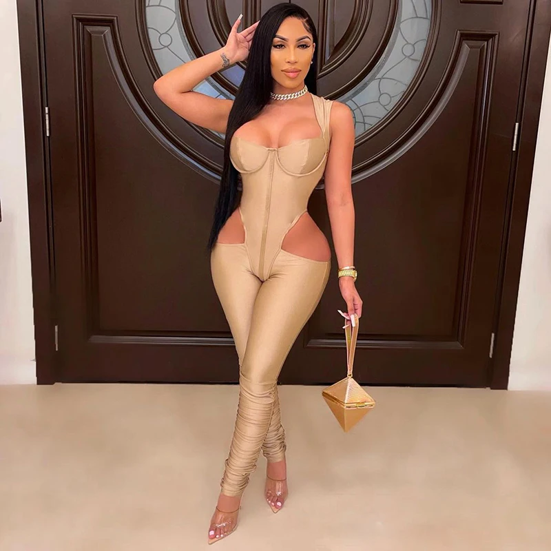 

HT148 2021 Sexy solid color hollow out bodycon women one piece playsuit sleeveless summer jumpsuit for woman, Picture show