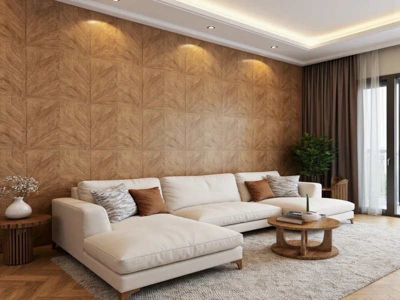 Modern living room with geometric wood wall panel design