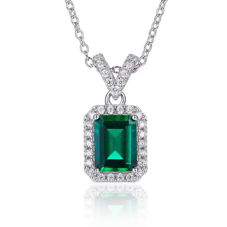 

Elegant classic custom rectangular cultivated emerald S925 silver platinum plated necklace 1.25CT, Customized color