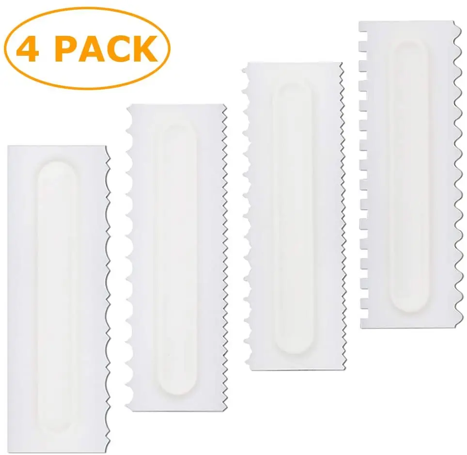 

Decorative Comb and Icing Smoother Tool Scraper set of 4, Plastic Serrated Cake Scraper, Decorative Mousse Butter Cream Cake, Picture