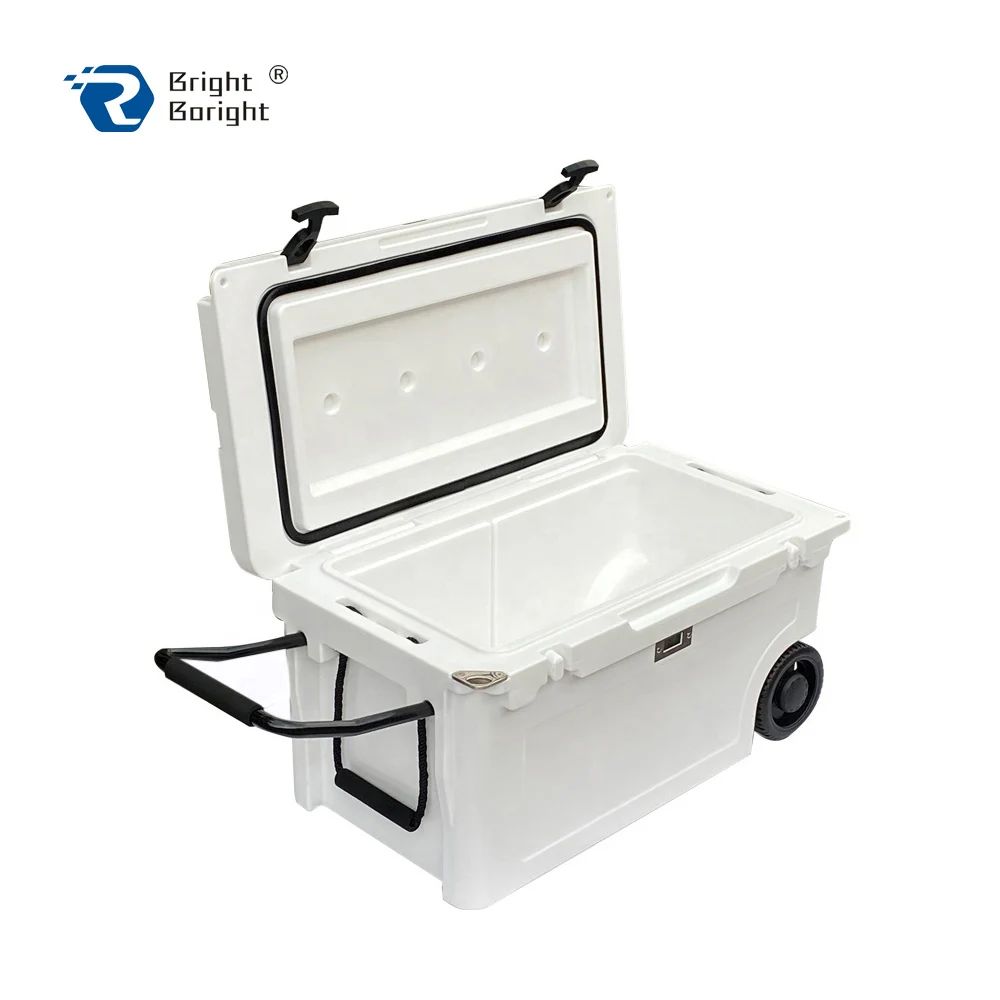 

2021 new 55 Liter heavy duty LLDPE beer rolling rotomolded ice cooler box with wheels AND ice packs
