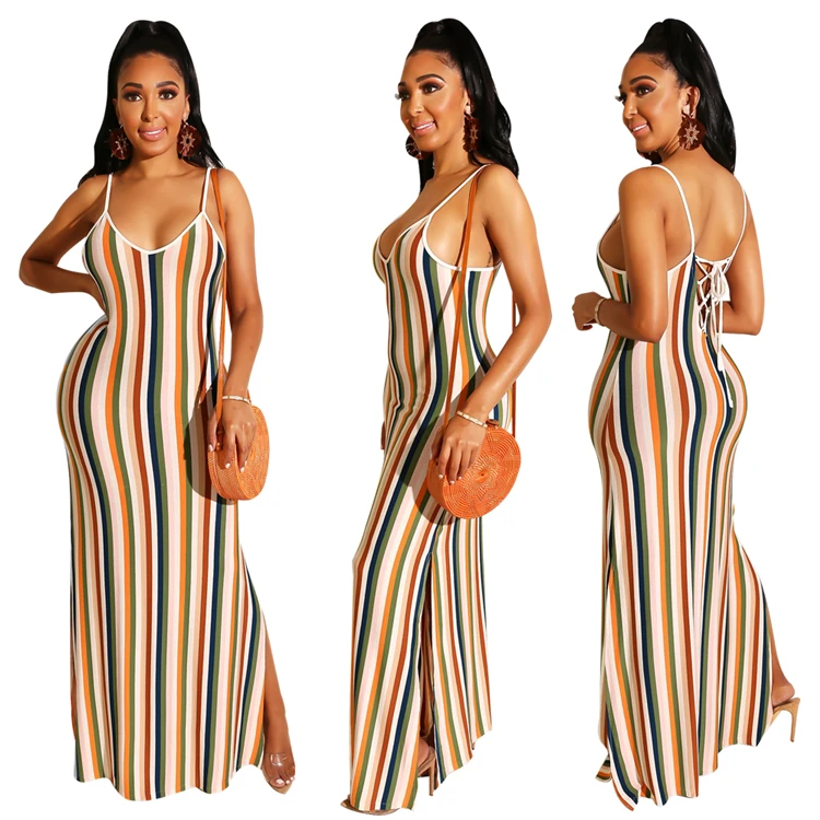 

Multicolor Striped Cotton Casual Dress Lace Up Maxi satin dress woman dresses new arrivals 2021