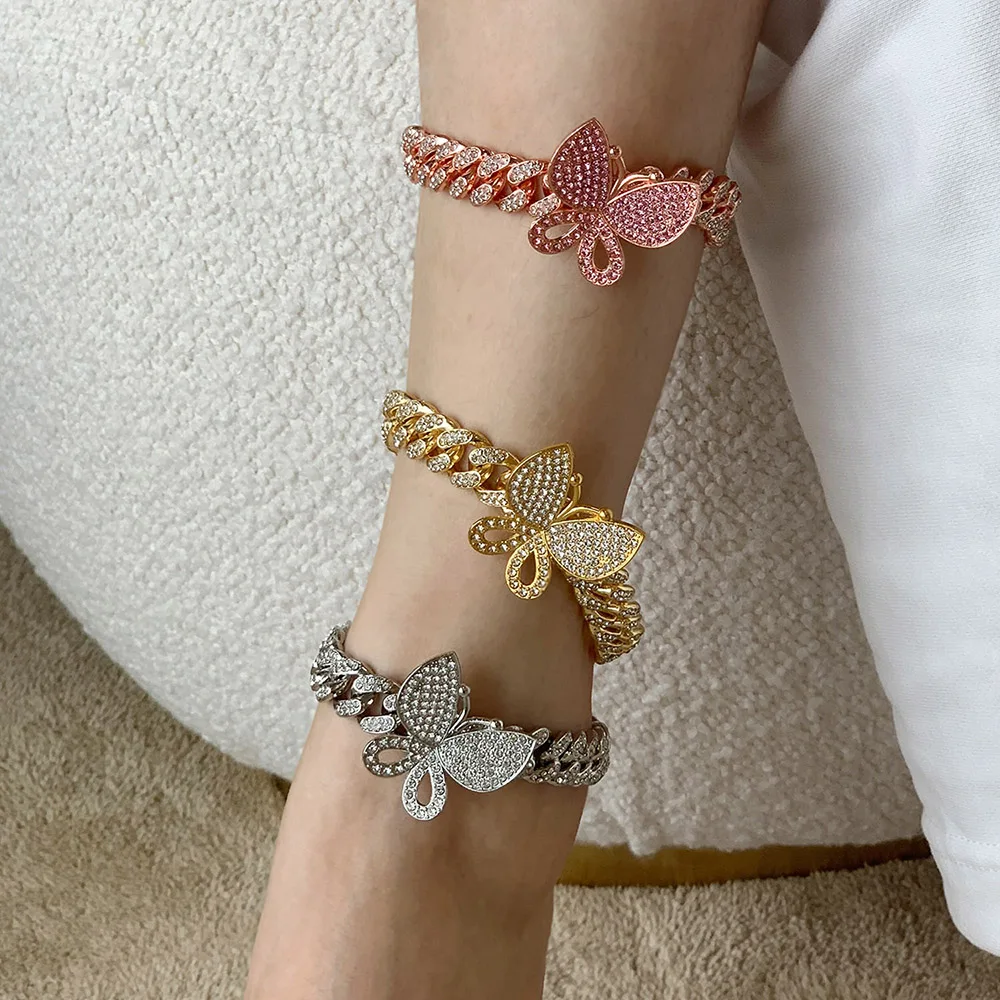 

Gold Silver Pink Women Hip Hop Foot Fine Jewelry Butterfly Cuban link Anklet Ice Out Cuban Link Anklets