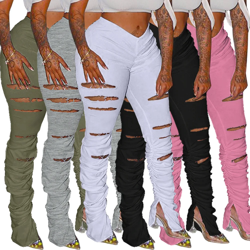 

5 Colors Ripped Ruched Stacked Yoga Pants Women Stacked Leggings