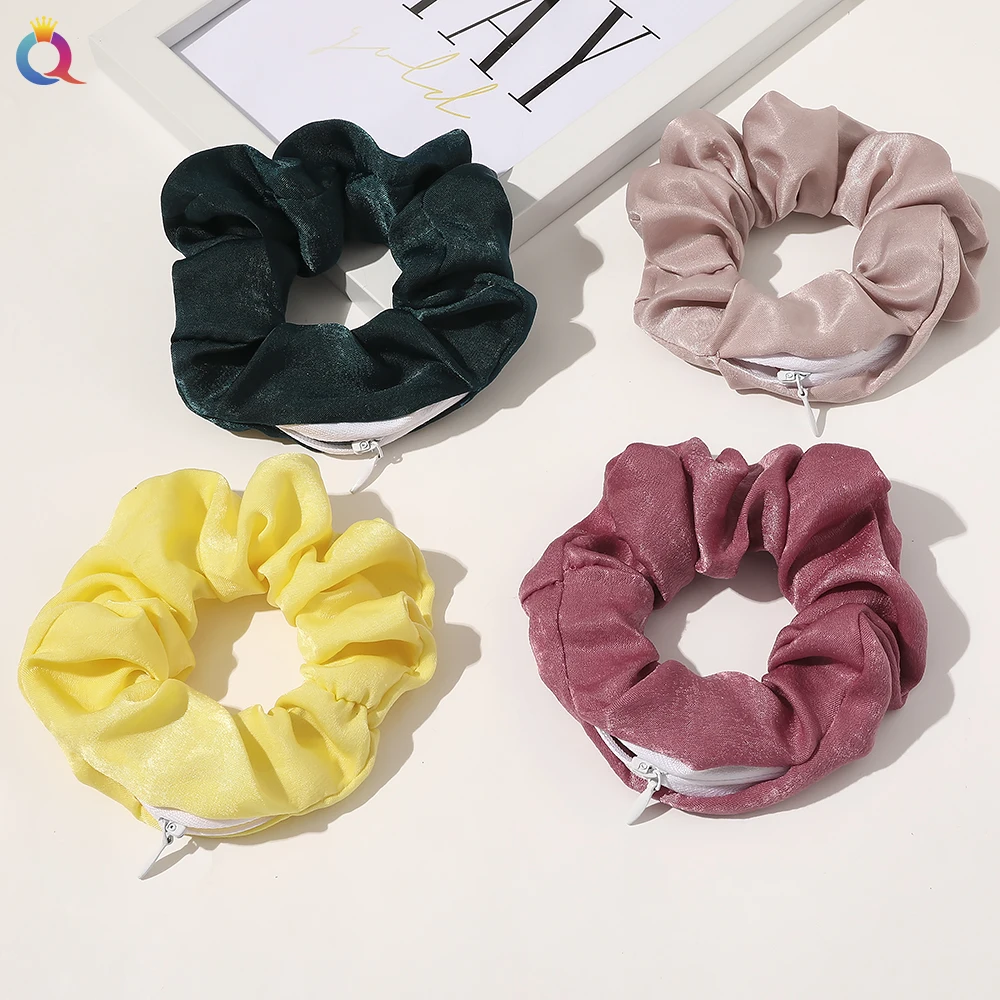 Qiyue Custom Logo Women Fashion Velvet Zipper Hair Scrunchies With ...