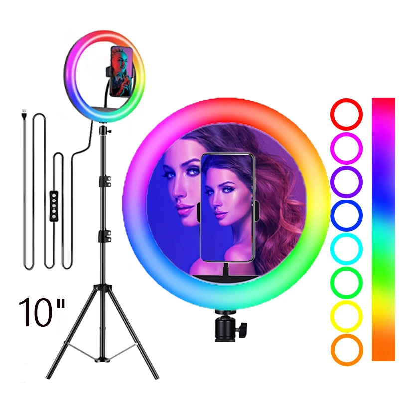 

Low price Colored 10inch/26cmphone holderled light pricewith 1.7M tripod standOutdoor live broadcast