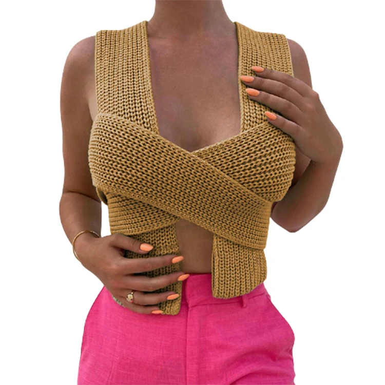 

Sexy Wrapped DIY Bandage Sleeveless Plain Crochet Cropped Knit Sweater Woman Tops Fashionable, Multiple colors to choose