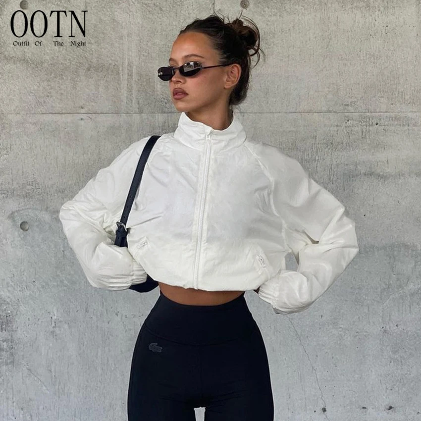 

OOTN Zipper Pockets Details Street Cargo Outwears New Y2K Stand Collar Casual White Jackets crop bomber jacket women