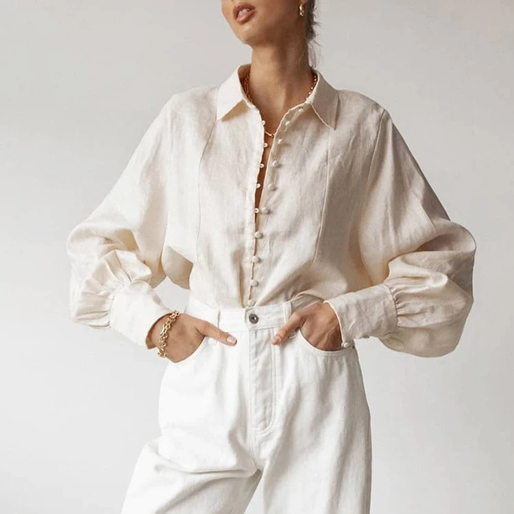 

Spring New Trend Female Clothing Loose Button Up Beige Cotton Linen Blouse Long Lantern Sleeve Shirts For Women, White & beige