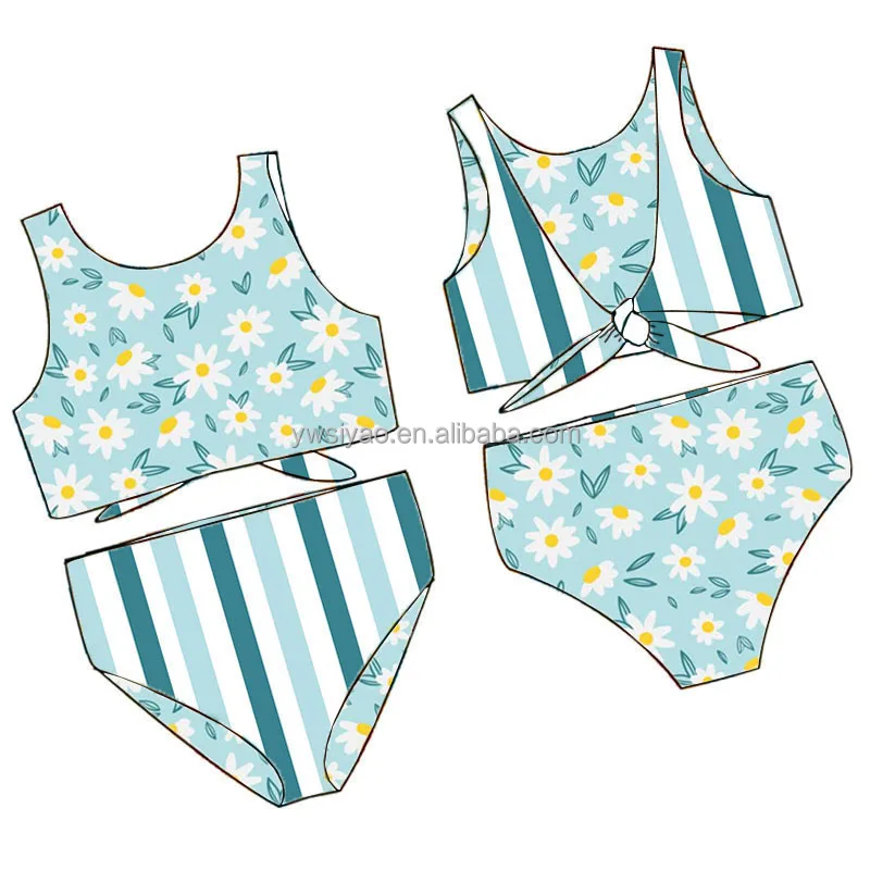 

New Arrival Cute Young Girl Bikini Kids Swimwear Daisy Print Summer Sleeveless Baby Girl 2 Piece Swimsuit Children Bath Suit, As picture