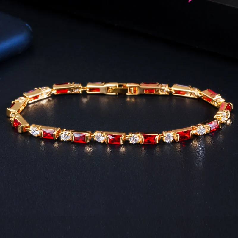 Fashion Red Purple Green Blue Black Cubic Zircon 18K Gold Plated Chain Link Bracelet for Women Party Jewelry Gift