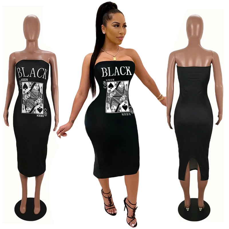 

RTS S-4XL Large size cross-border women's clothing Sexy fashion off-shoulder split poker printed dress, Red, black, blue