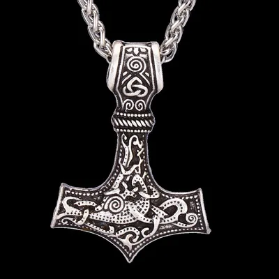 

viking vintage thor hammer necklace stainless steel nordic wolf head pendent religious men accessories
