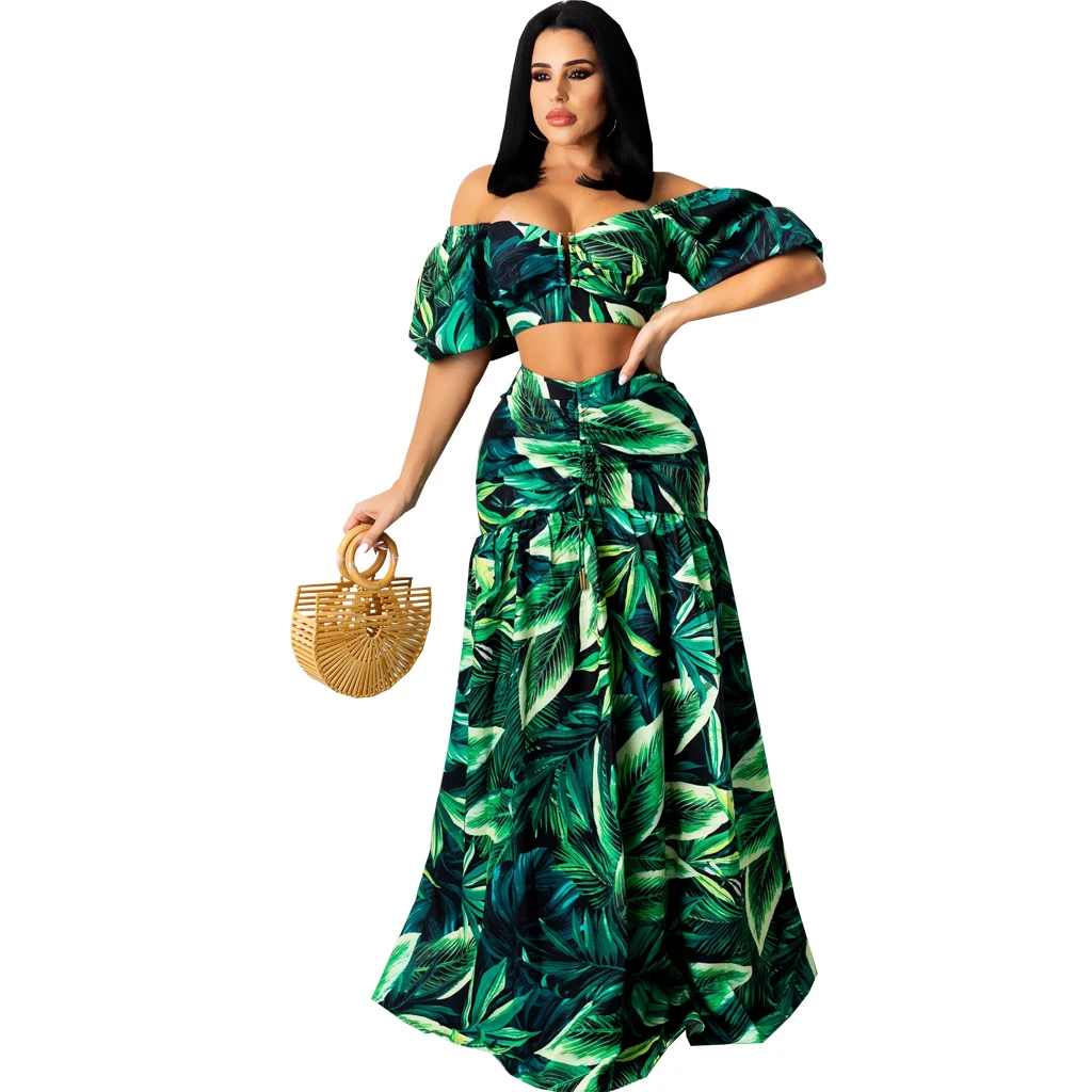 

Green summer bohemian women maxi off shoulder floral dress 2021