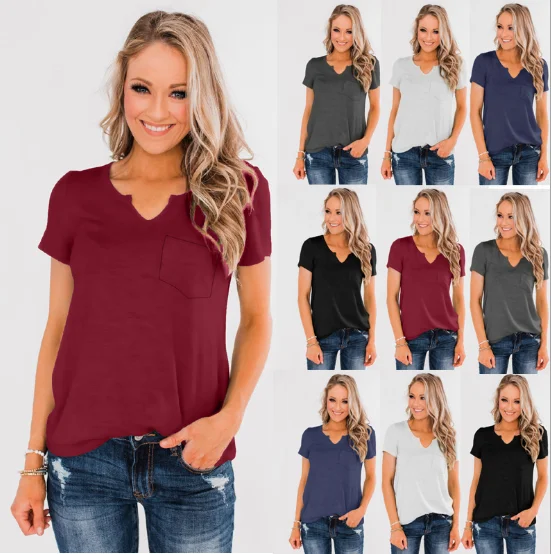 

Hot style spring/summer 2020 new v-neck pocket plain color T-shirt with short sleeves, Customized color
