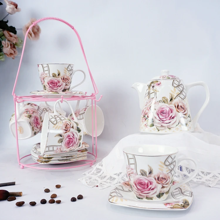 

Products 13 pcs color box packing ceramic tea cups teapot new bone China tea set with iron stand