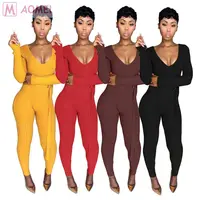 

S5091 2020 sexy v-neck long sleeve solid rib knitted sheath Trendy Wholesale Bodycon Jumpsuit For Women