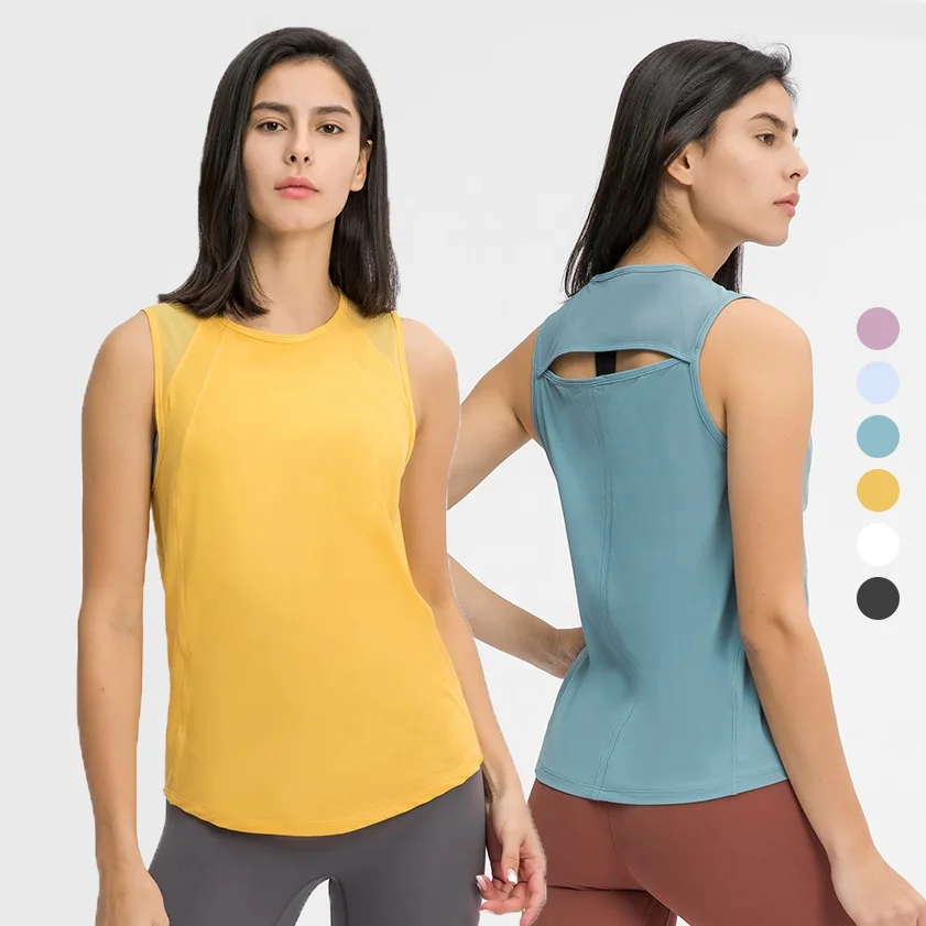 

Custom Workout Mesh Shirts Sexy Open Back Yoga Crop Top Casual Women Tank Top Loose