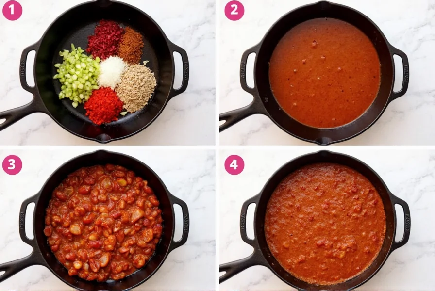 Step-by-step preparation of vegetarian chili showing ingredient mixing in cast iron pot