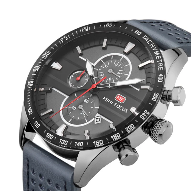 

MINI FOCUS MF0002G Fashion Men Wrist Chronograph Watch Quartz Date Clock Luxury Leather Waterproof Sports Watches, Black, blue, red, grey, silver