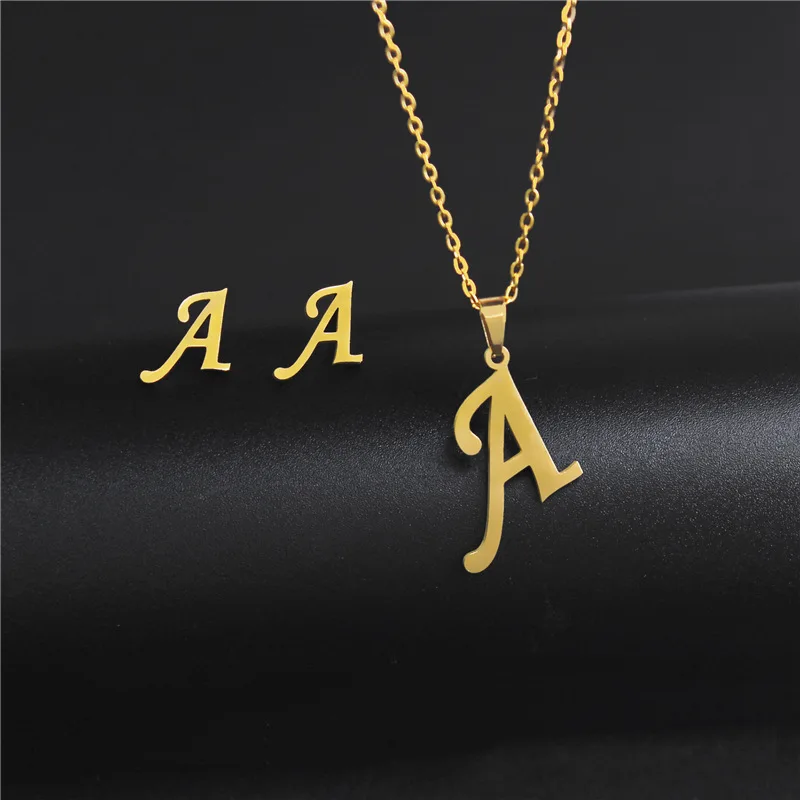 

26 letter initial pendant necklace earrings set stainless steel high plating polished wholesale necklace, Picture