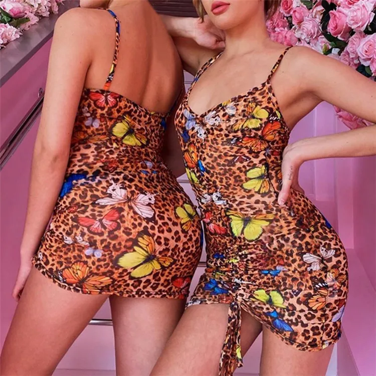 

Butterfly Print Bodycon Mini Dress Drawstring Ruched Backless Boho Summer Dress Women Dresses Beach Outfits Clothes 2020, Leopard