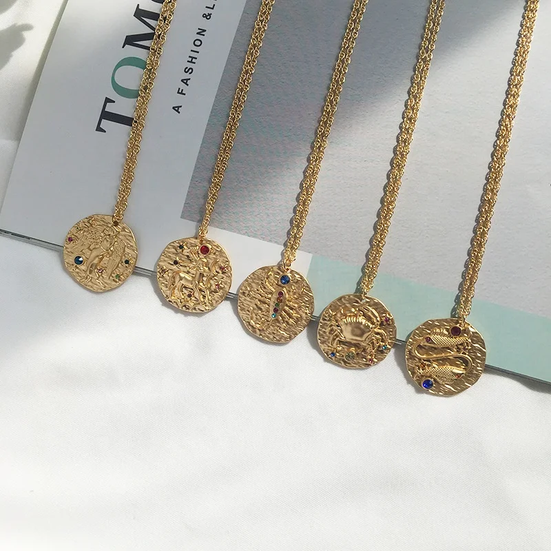 

Fashion high quality gold plated Zodiac Coin Choker Necklace Astrology Fashion ladies Jewelry necklace 12 Zodiac Necklace