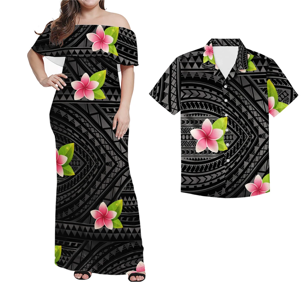 

Elegant Polynesian Hawaiian Tribal Plumeria Printed Women Ruffle One Shoulder Dress Match Shirts 2pcs Clothing, Customized color