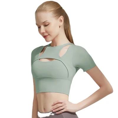

Yoga wear spring and summer new women's short sleeve T - shirt waist back belt chest pad fitness wear, 7color