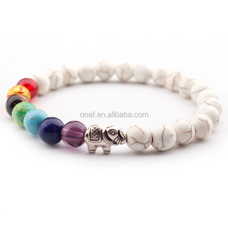 Free Shipping White Crystal Beaded Stretchy Turquoise Howlite Bangle 7 Chakra Elephant Bracelet With Logo.jpg