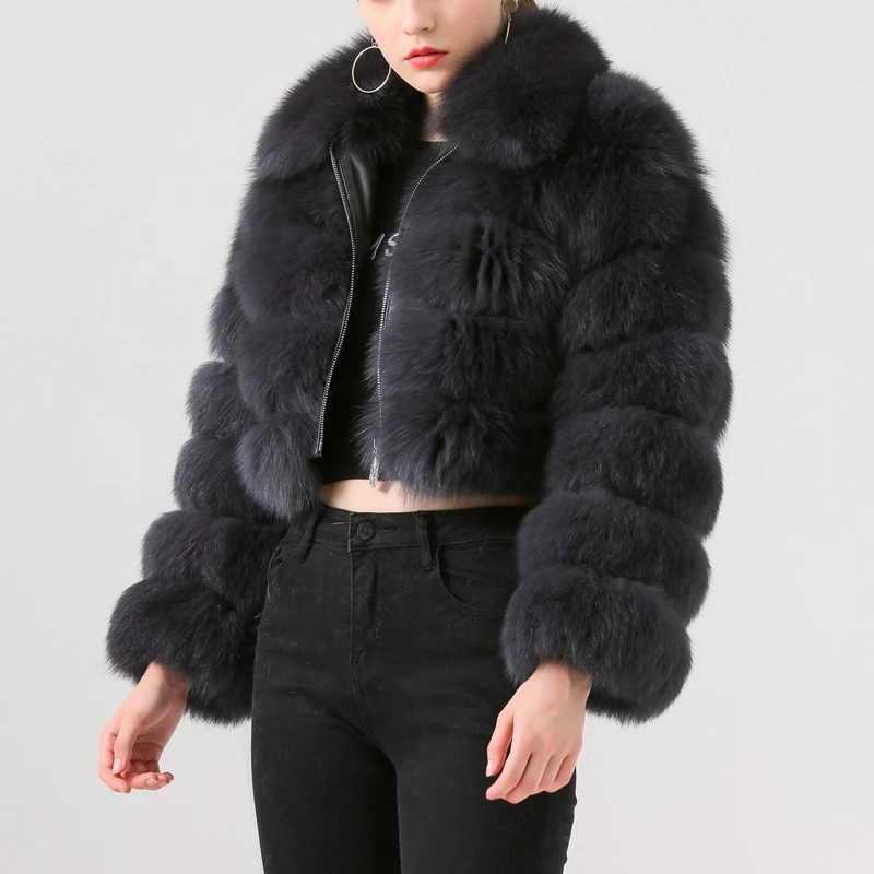 

QC20045 ladies High quality luxury new arrival fluffy plus size natural real fox fur cropped coat women