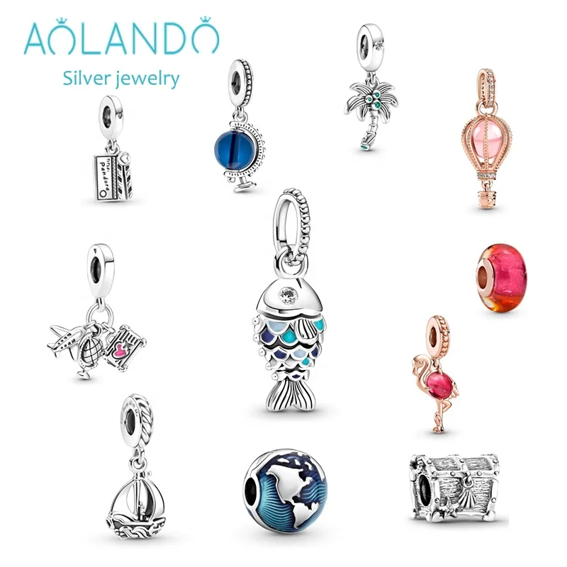 

New 925 Silver Blue Globe Scale Fish Pink Hot Air Balloon Ocean String Jewelry Wholesale Suitable for Pandora Charms Bracelet