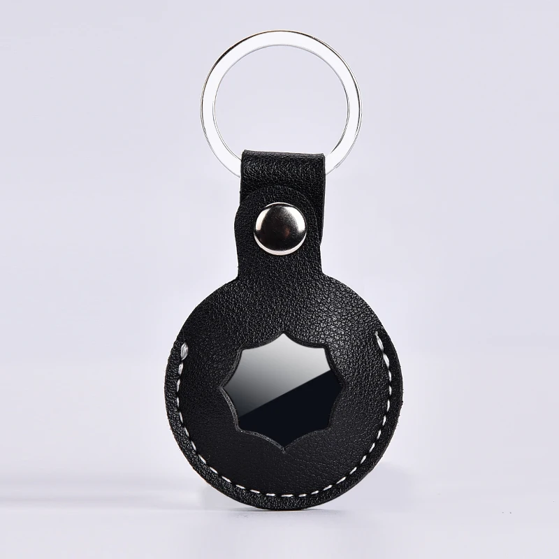 

Genuine leather case black for apple airtag ,shenzhen pu black leather cover with key ring for air tag airtag cat collarm